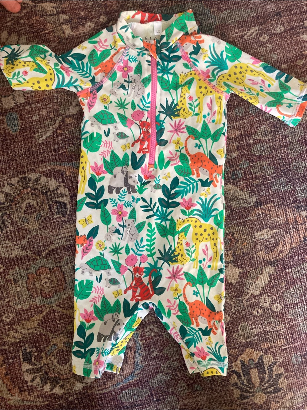Baby Boden Jungle Animal Rash One-Piece - White, Green, Yellow, Pink